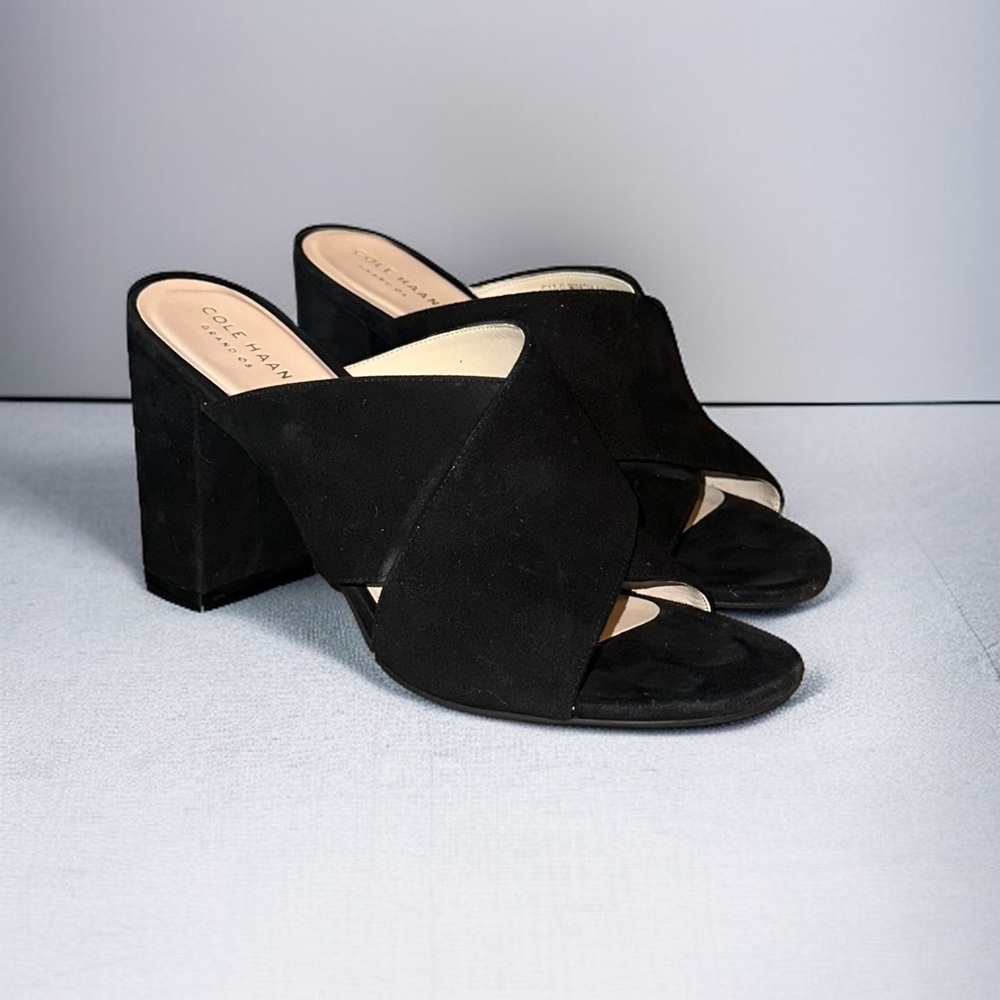 Cole Haan Gabby black suede criss cross block heel open mule sandals